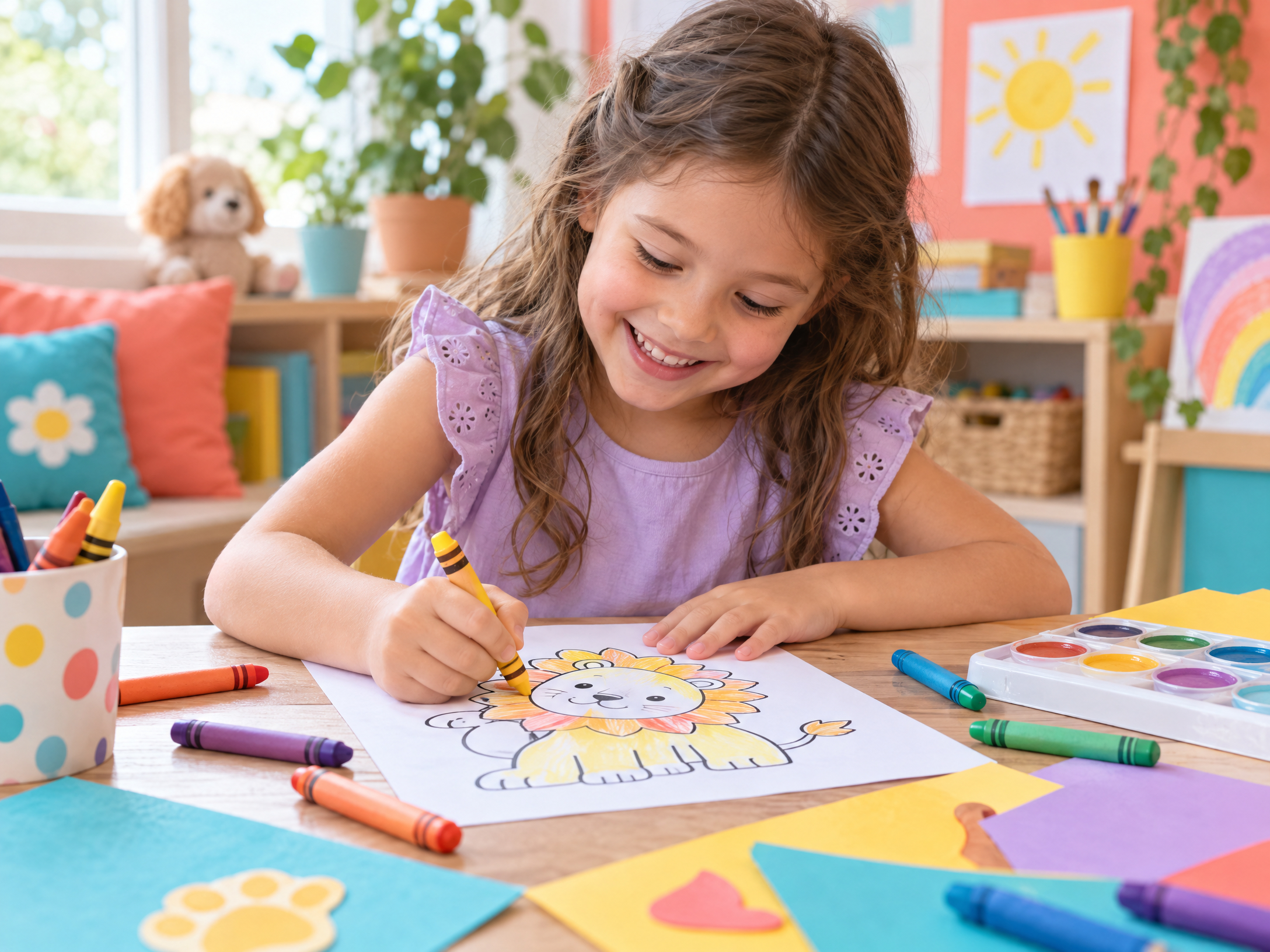 Criança colorindo uma atividade com lápis e tintas