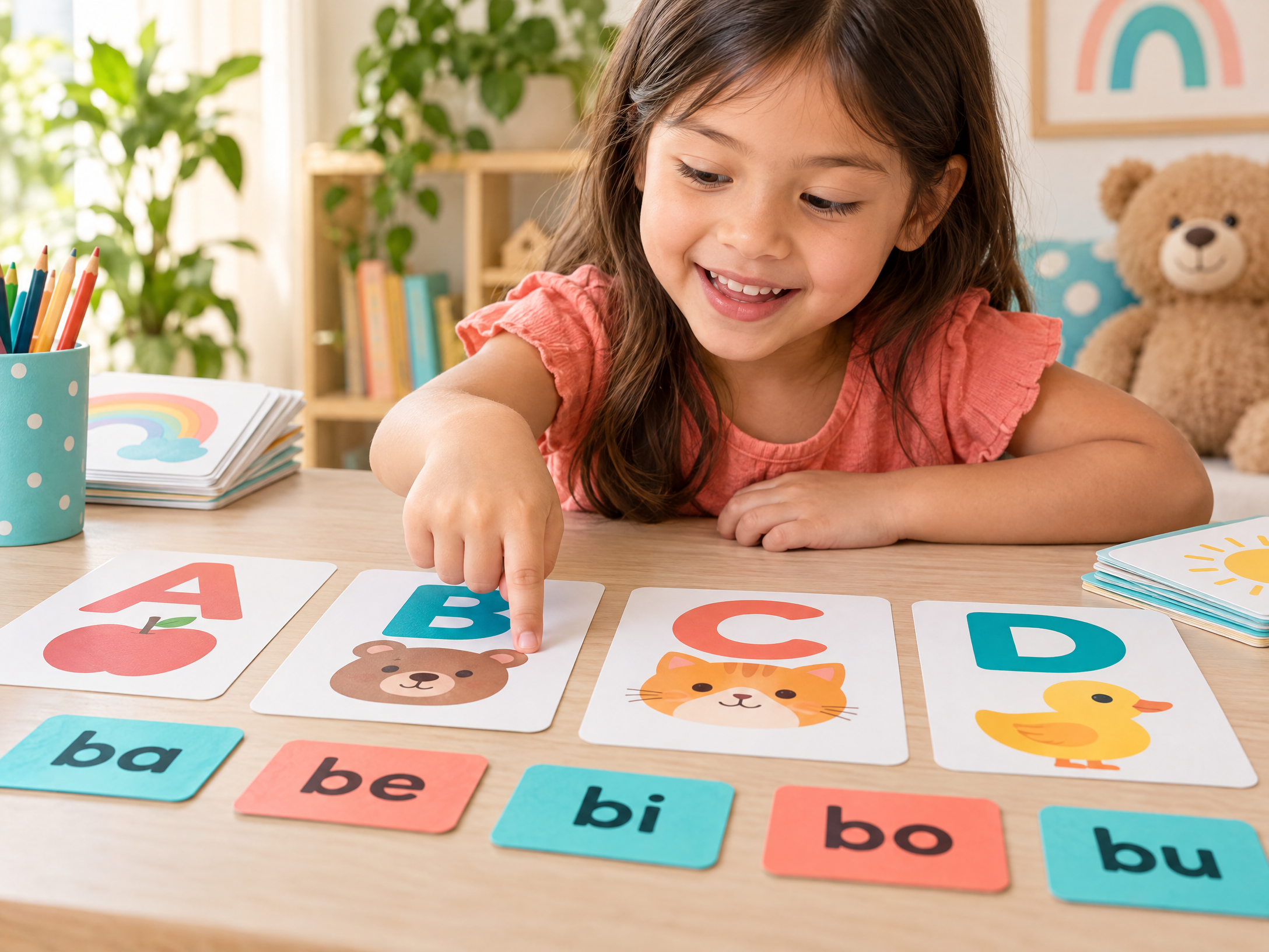 Criança explorando cartões de letras e sílabas